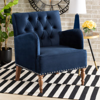 Baxton Studio RAC516-AC-Navy Blue VelvetWalnut-CC Baxton Studio Eri Contemporary Glam and Luxe Navy Blue Velvet Upholstered and Walnut Brown Finished Wood Armchair